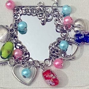 CHARM BRACELET  Silvertone Key to My Heart Lampwork Beads Pink & Blue Beads